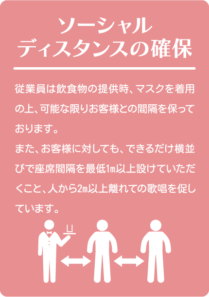 ソーシャルディスタンスの確保
従業員は飲食物の提供時、マスクを着用の上、可能な限りお客様との間隔を保っております。また、お客様に対しても、できるだけ横並びで座席間隔を最低1m以上設けていただくこと、人から2m以上離れての歌唱を促しています。
